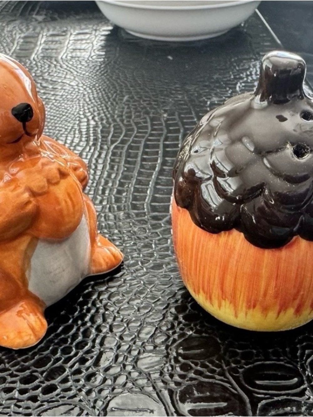 Source Unknown Orange and Brown Ceramic Squirrel and Acorn Serveware Set